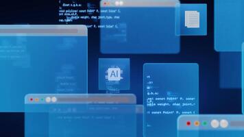 digital interface mostrando dados pastas, ai ícones, e programação código janelas, simbolizando artificial inteligência, dados gerenciamento, e moderno Programas desenvolvimento sistemas. video
