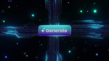 Futuristic Generate button interface with flowing data lines and digital circuits on dark background, symbolizing AI automation, smart processing, and high-tech content generation systems. video
