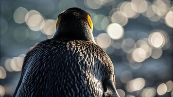 Penguin bird animal in tuxedo pattern stands back to camera with sunlight reflecting on feathers and shimmering water bokeh wildlife scene video