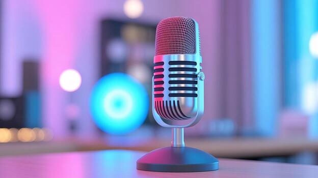 A microphone on a table in front of a colorful background photo