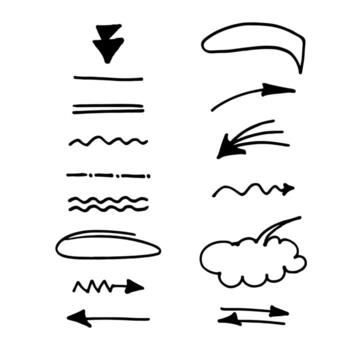 Set of marker-drawn arrows and lines. elements for notes, highlights, comics, design, and infographics. vector