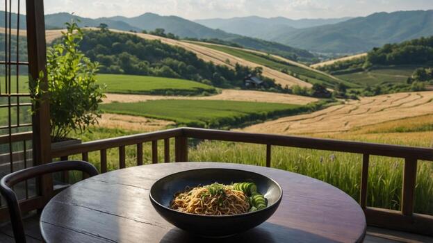 A bowl of noodles on a table in front of a view of rice fields photo