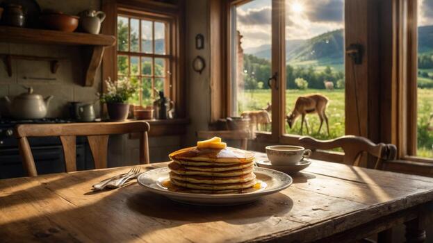Pancakes on a table in front of a window with a view of a field photo
