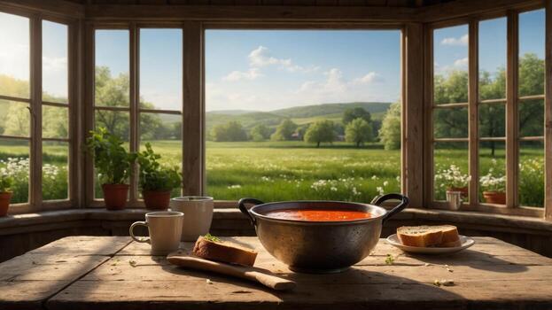 A bowl of soup sits on a table in front of a window with a view of a field photo