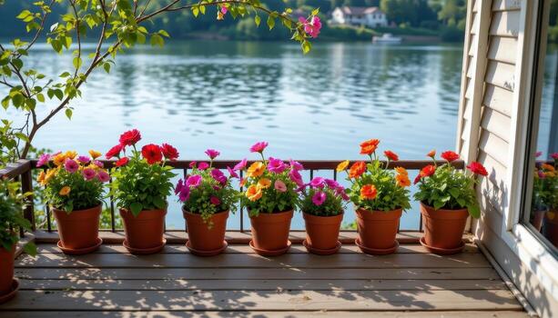 flower pots overflow on a quiet lakeside balcony, with gentle reflections on water, no humans or animals. photo