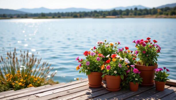 flower pots overflow on a calm lakeside deck, deserted, peaceful, sunlit, reflecting water, without people or animals. photo