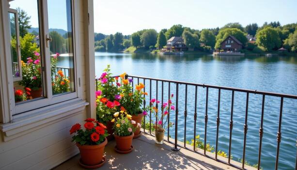 a sunlit balcony by the lake overflowing with colorful flowers in pots, empty, peaceful, serene, calm, reflecting water perfectly. photo