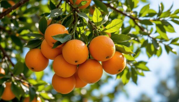 oranges hang in bunches from tree branches, glowing in sunlight, framed by fresh green leaves naturally. photo