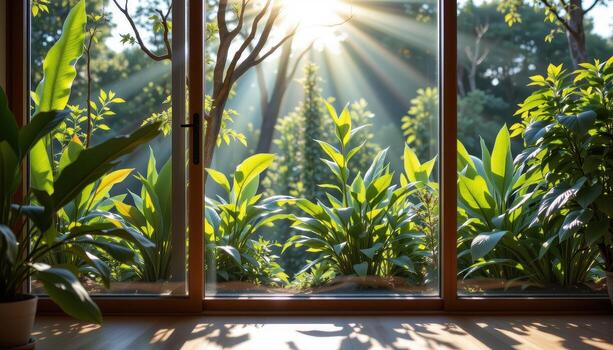 sunlight streams through glass onto thriving foliage, empty, peaceful, calm, serene, deserted, untouched by humans or creatures. photo