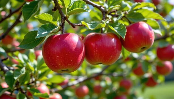 apples dangle from tree branches, smooth red skins shining under sunlight, surrounded by fresh greenery. photo
