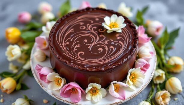 a chocolate cake with subtle floral patterns, embraced by a soft ring of fresh spring petals. photo