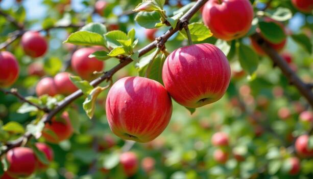 apples dangle from tree branches, smooth red skins shining under sunlight, surrounded by fresh foliage. photo