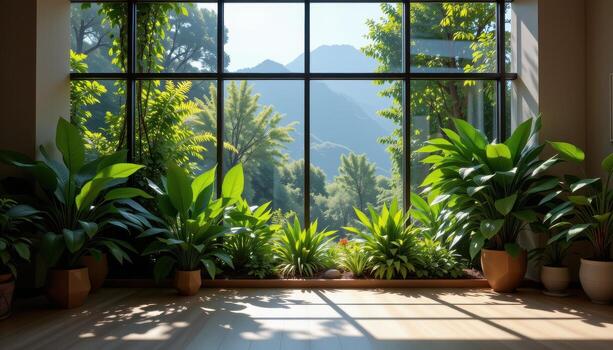 sunlight streams through glass onto abundant greenery, empty, peaceful, serene, calm, no humans or animals inside. photo