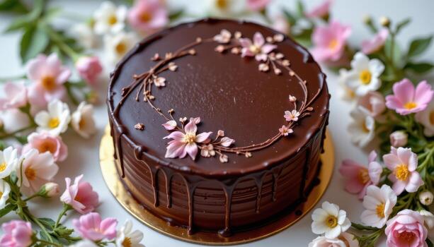 a chocolate cake with subtle sugar flower patterns, placed in a soft circle of garden blossoms. photo