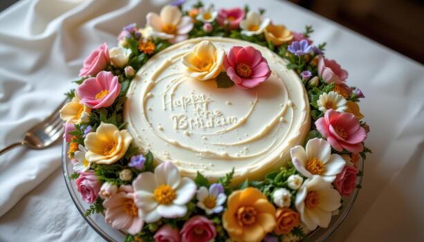 a round cake with subtle sugar flower patterns, encircled by a lush circle of garden spring blooms. photo