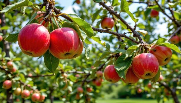 apples dangle from tree branches, sunlight glinting off shiny red skins surrounded by leafy greenery. photo