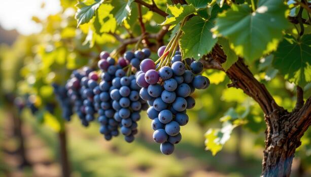 grapes hang from twisting vines, glistening under soft sunlight, surrounded by green leaves and branches. photo