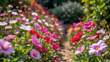 el jardín camino es adornado con flores en lleno floración, pétalos vistoso, balanceo suavemente en Mañana luz de sol. foto