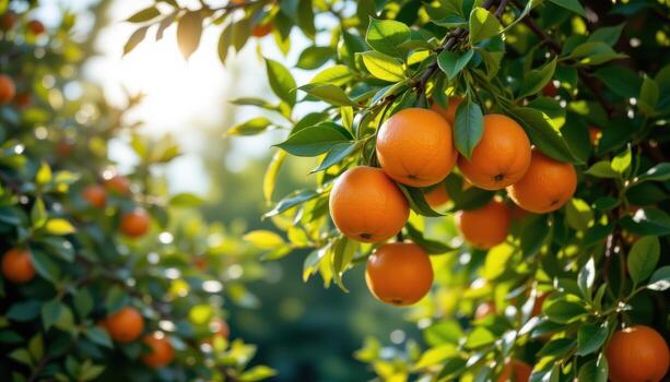 oranges hang in clusters, glowing in sunlight, framed by lush green leaves naturally on tree branches. photo