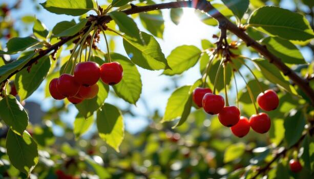 cherries dangle from stems, shining in sunlight, framed by fresh green leaves on tree branches naturally. photo
