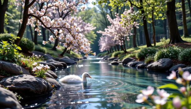shimmering waters fall down into a pool, blossoms gather around in peaceful untouched forest. photo