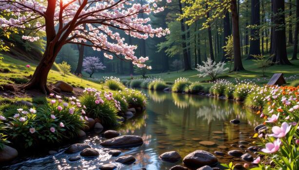 sparkling stream pours into pond, blossoms glow softly beneath towering trees in quiet forest. photo