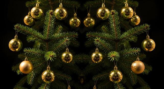 Navidad árbol mostrando dorado adornos arreglado simétricamente en ramas iluminado por natural difuso ligero en un oscuro antecedentes Proporcionar limpiar contraste y detallado texturas foto