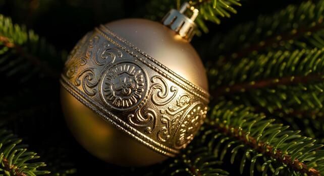 Detailed macro shot capturing gold ornament with embossed patterns on pine branch with natural light enhancing texture and color contrast on a dark background with crisp edges photo