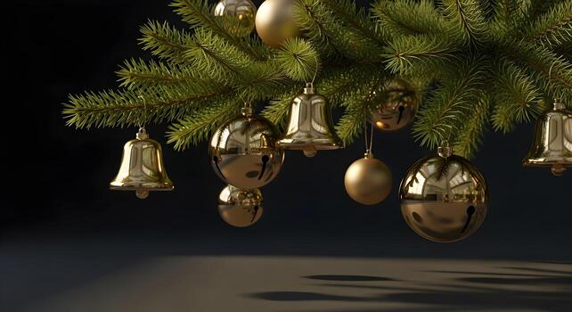 Christmas tree branch adorned with reflective gold bells and spheres lit by natural soft light creating realistic shadows on a dark seamless background with high resolution and noise-free photo