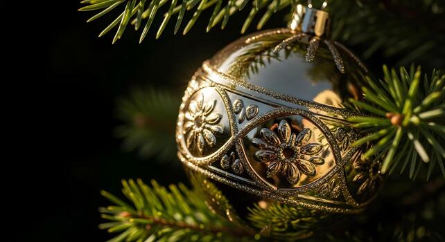 Close-up of shiny gold Christmas ornament with embossed patterns hanging on pine branch with natural light creating highlights and shadows on a dark background with ultra-sharp edges photo