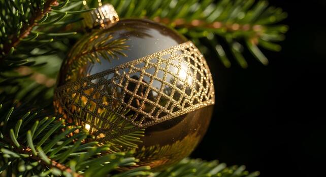 Close-up of golden Christmas ornament with delicate etched patterns resting on pine branch with natural sunlight illuminating fine details on dark background with ultra-clear sharp edges photo