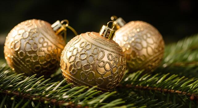 Close-up shot of smooth gold Christmas ornaments with intricate patterns on pine branch with natural light illuminating fine details on dark background noise-free and ultra-sharp edges photo