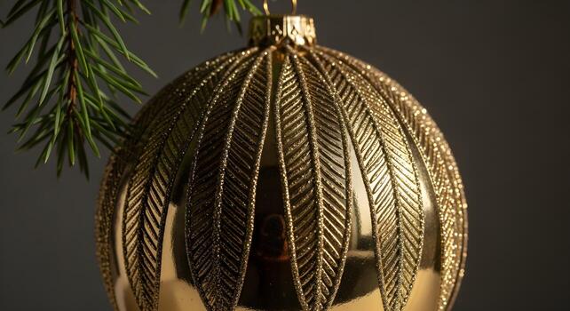 Detailed close-up of gold embossed bauble with intricate patterns resting on pine needles with natural daylight highlighting texture and shine on a dark neutral background with no artifacts or blur photo