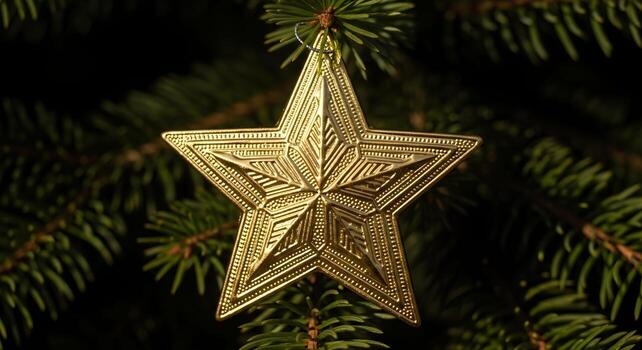 Macro image of embossed gold star ornament on pine branch with natural daylight illuminating detailed patterns on a dark background with sharp edges and crisp focus photo