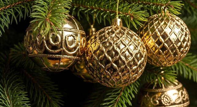 Macro shot of shiny gold spheres with embossed patterns hanging from Christmas tree pine needles with natural light highlighting texture and metallic shine on a dark seamless background photo