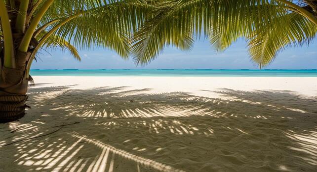 moteado luz de sol filtros mediante palma hojas, fundición hermosa patrones de ligero y sombra en prístino blanco arena con un espumoso turquesa Oceano en el antecedentes foto