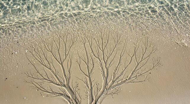 An abstract, ultra-detailed, top-down view of dendritic, tree-like patterns created by a receding wave on a wet sand beach photo