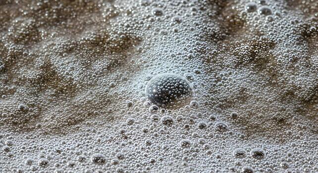 The effervescent, fizzing texture of a wave dissolving into the sand is captured in an abstract, ultra-detailed macro shot photo