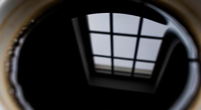 A window's reflection captured in the surface of black coffee. A moody, conceptual, and introspective close-up photo that creates a sense of looking into another world.