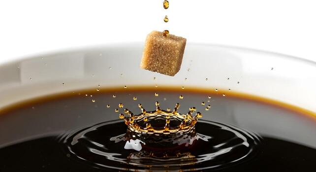 A dramatic macro photograph of a sugar cube splashing into coffee. A dynamic high-speed action shot capturing a tiny, energetic moment, symbolizing a burst of energy or a sweet addition. photo