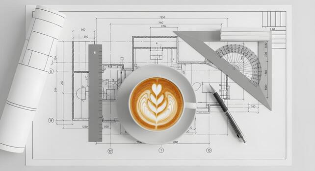 Architect's drafting table with coffee and design tools. A clean, professional flat lay with blueprints and protractor, representing architecture, engineering, precision, and project planning. photo