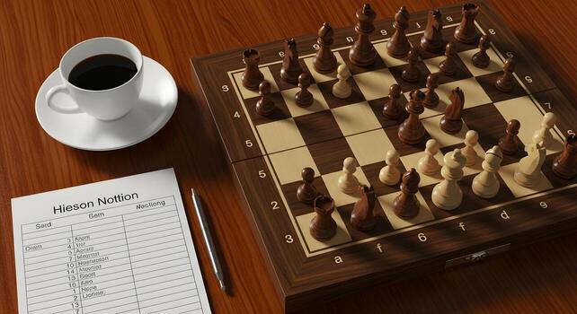Strategic chess game with coffee from a top-down perspective. An intellectual flat lay symbolizing strategy, intelligence, competition, and the classic board game of chess in a quiet, focused setting. photo