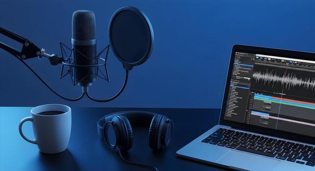 Modern podcaster's desk setup with a microphone and coffee. A top-down view of a digital creator's workspace, symbolizing broadcasting, podcasting, audio production, and online communication. photo