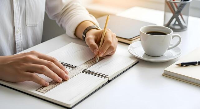 A person meticulously planning their week in a journal with coffee. An overhead view of an organized desk, representing goal setting, productivity, and the importance of a structured routine. photo