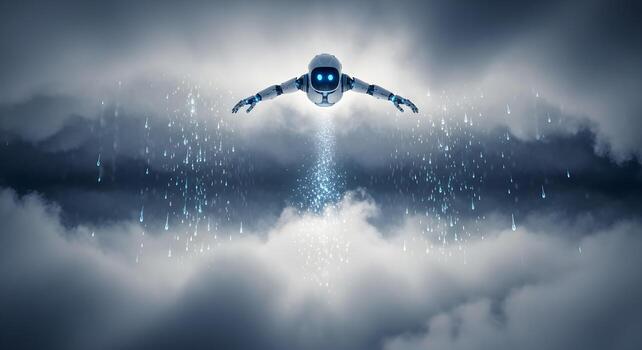 A cloud seeding AI robot creating rain from data particles, a beautiful and powerful metaphor for data-driven influence, causing change in complex systems, and large-scale environmental engineering. photo