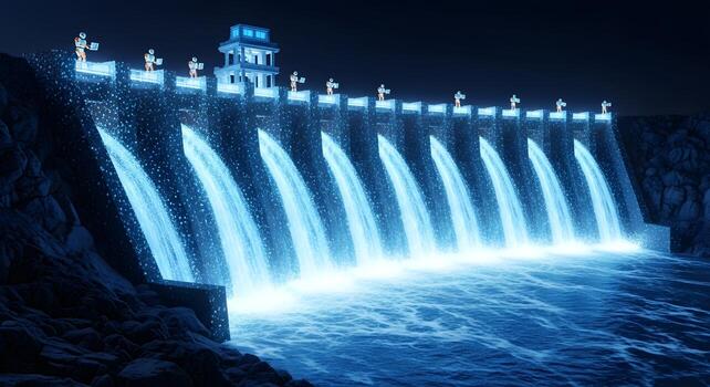 A team of robots managing a massive data dam, a strong visual metaphor for data governance, information flow control, data regulation, and managing the overwhelming scale of big data. 3D render. photo