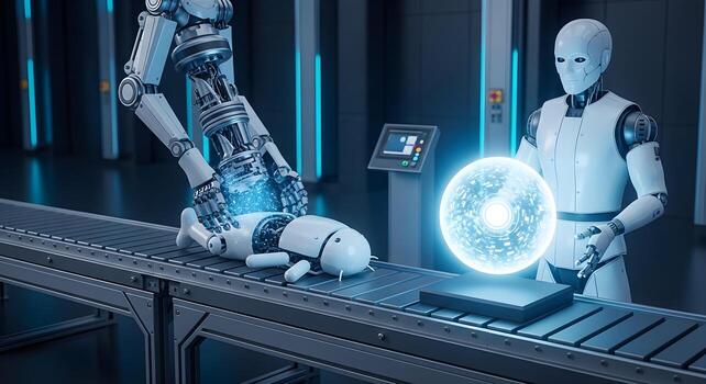 The concept of AI recycling and data transference at the end of a robot's life. A visual for sustainable technology, data preservation, and the lifecycle of artificial intelligence systems. photo