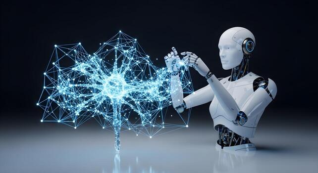 Futuristic artificial intelligence concept of a sleek white robot building a complex glowing blue neural network photo