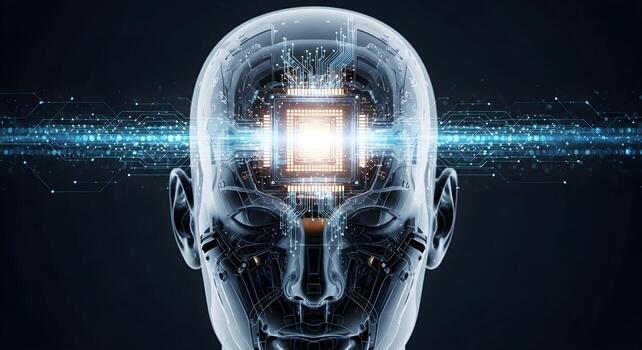 Conceptual close-up of an android's head processing information, showing a glowing core and digital streams photo