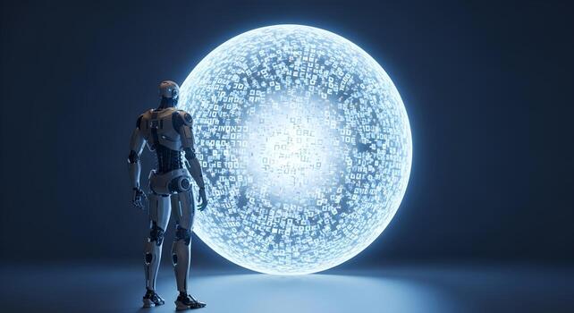 A powerful metallic android stands as a guardian of a glowing data core photo